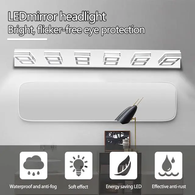 Alt view image 5 of 7 - 39" Modern Chrome 6-Light Led Vanity Light, Square Acrylic Lampshades Wall Mount Fixture for Bathroom, Mirror Lighting