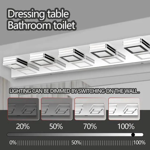Alt view image 7 of 7 - 39" Modern Chrome 6-Light Led Vanity Light, Square Acrylic Lampshades Wall Mount Fixture for Bathroom, Mirror Lighting