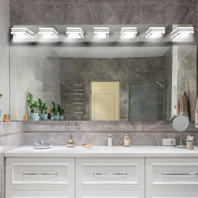 Alt view image 3 of 7 - 45" Modern Chrome 7-Light Led Vanity Light, Square Acrylic Lampshades Wall Mount Fixture for Bathroom, Mirror Lighting