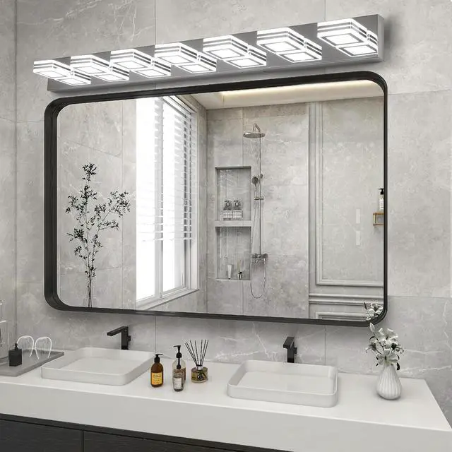 Alt view image 4 of 7 - 45" Modern Chrome 7-Light Led Vanity Light, Square Acrylic Lampshades Wall Mount Fixture for Bathroom, Mirror Lighting