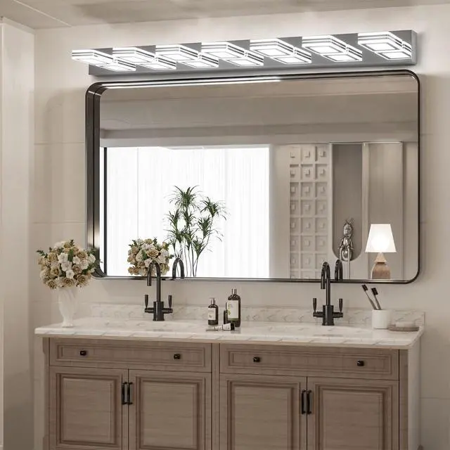 Alt view image 5 of 7 - 45" Modern Chrome 7-Light Led Vanity Light, Square Acrylic Lampshades Wall Mount Fixture for Bathroom, Mirror Lighting