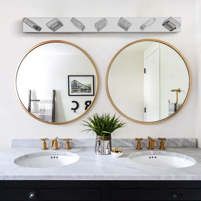 Alt view image 7 of 7 - 45" Modern Chrome 7-Light Led Vanity Light, Square Acrylic Lampshades Wall Mount Fixture for Bathroom, Mirror Lighting