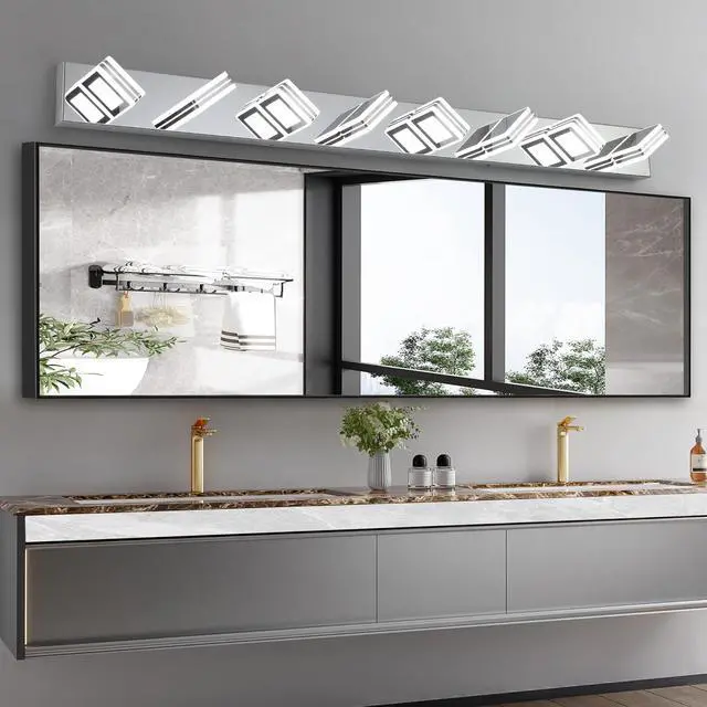 Alt view image 2 of 7 - 52" Modern Chrome 8-Light Led Vanity Light, Square Acrylic Lampshades Wall Mount Fixture for Bathroom, Mirror Lighting