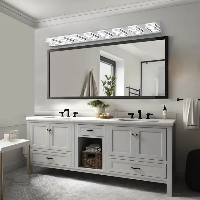 Alt view image 3 of 7 - 52" Modern Chrome 8-Light Led Vanity Light, Square Acrylic Lampshades Wall Mount Fixture for Bathroom, Mirror Lighting