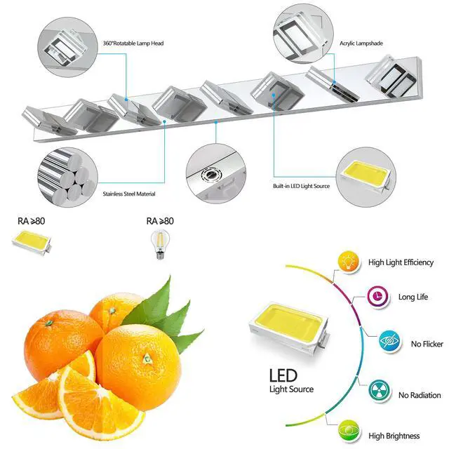 Alt view image 6 of 7 - 52" Modern Chrome 8-Light Led Vanity Light, Square Acrylic Lampshades Wall Mount Fixture for Bathroom, Mirror Lighting