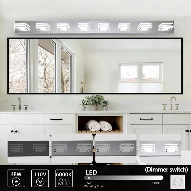 Alt view image 5 of 7 - 52" Modern Chrome 8-Light Led Vanity Light, Square Acrylic Lampshades Wall Mount Fixture for Bathroom, Mirror Lighting