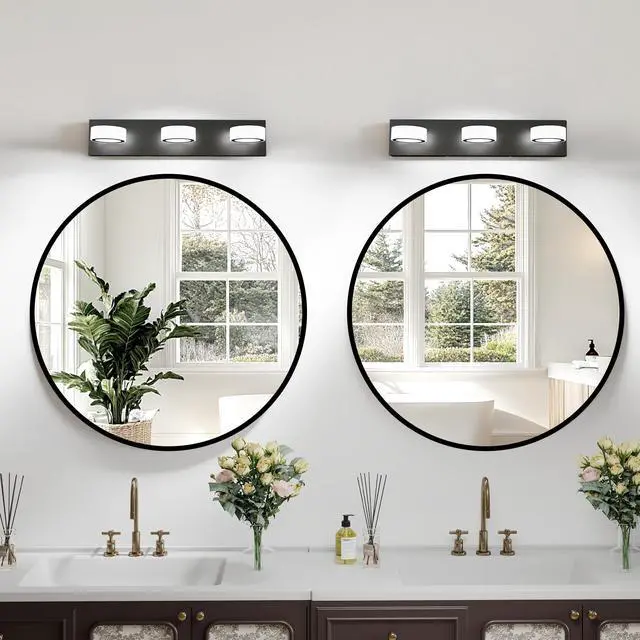 Main image of Led 21 inch Vanity Light White Round Acrylic 3 Light with Black Base Bathroom Wall Lighting Fixture