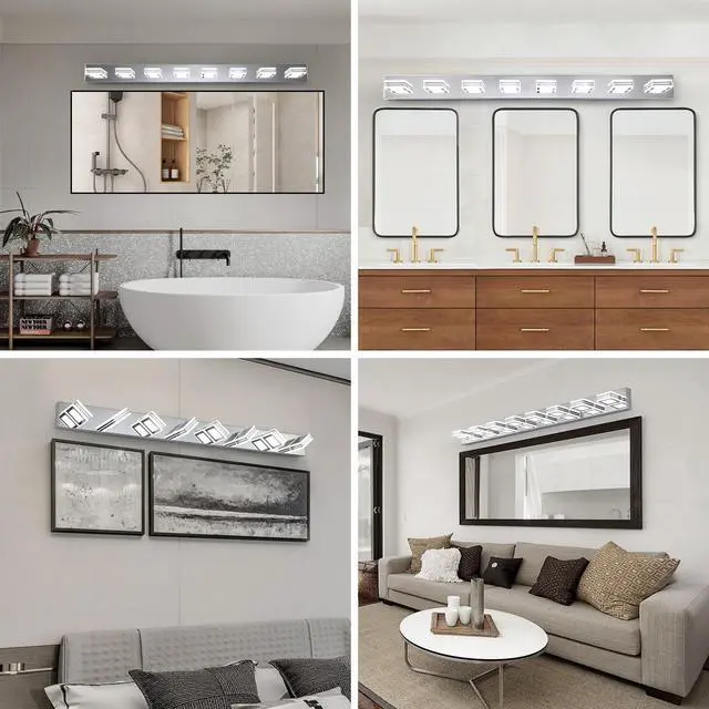 Alt view image 4 of 7 - 52" Modern Chrome 8-Light Led Vanity Light, Square Acrylic Lampshades Wall Mount Fixture for Bathroom, Mirror Lighting