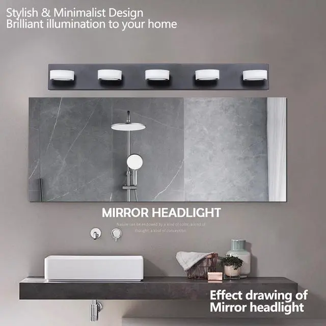 Alt view image 4 of 7 - 37" Modern 5-Light Led Vanity Light, Sleek Black Bathroom Wall Light Fixture for Mirror, Shower, and Bathroom Decor