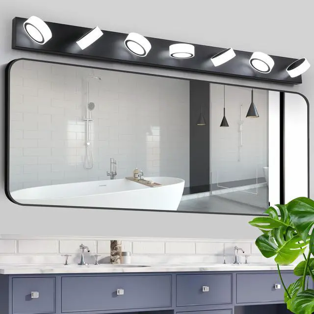 Alt view image 3 of 7 - 52" Modern 7-Light Led Vanity Light Fixture - Black Iron Finish with Acrylic Shades - Energy-Efficient Bathroom Wall Sconce - Dimmable for Mirror, Shower, and Bathroom Decor