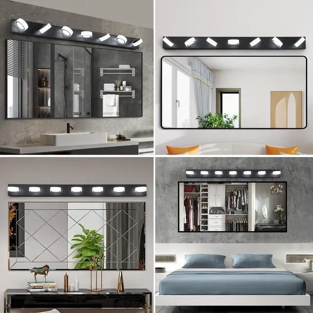 Alt view image 4 of 7 - 52" Modern 7-Light Led Vanity Light Fixture - Black Iron Finish with Acrylic Shades - Energy-Efficient Bathroom Wall Sconce - Dimmable for Mirror, Shower, and Bathroom Decor