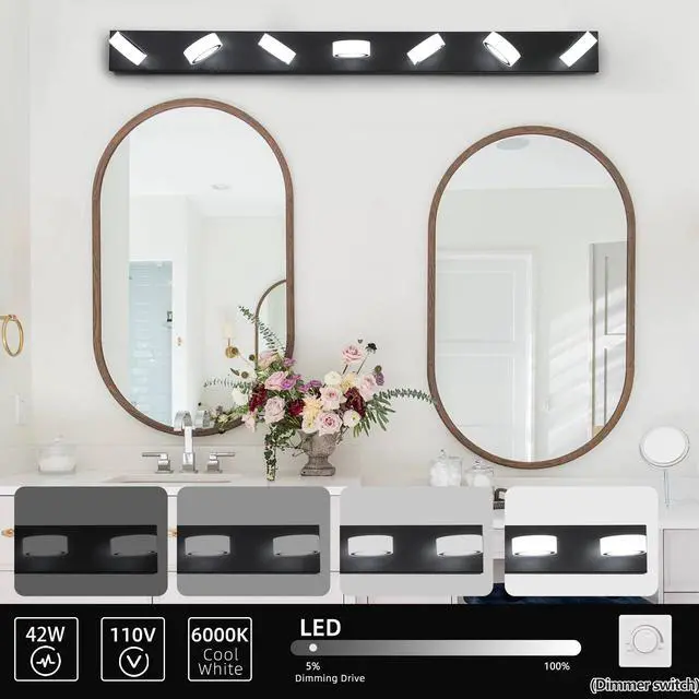 Alt view image 5 of 7 - 52" Modern 7-Light Led Vanity Light Fixture - Black Iron Finish with Acrylic Shades - Energy-Efficient Bathroom Wall Sconce - Dimmable for Mirror, Shower, and Bathroom Decor