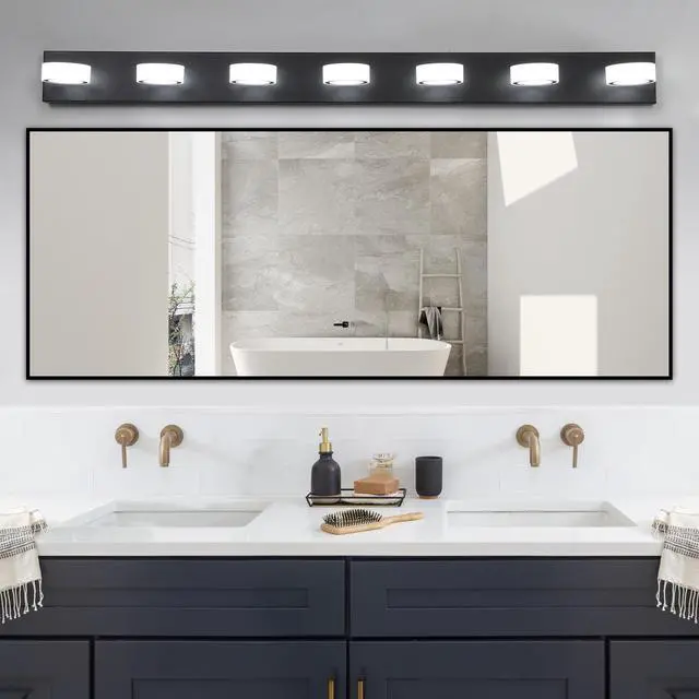 Main image of 52" Modern 7-Light Led Vanity Light Fixture - Black Iron Finish with Acrylic Shades - Energy-Efficient Bathroom Wall Sconce - Dimmable for Mirror, Shower, and Bathroom Decor