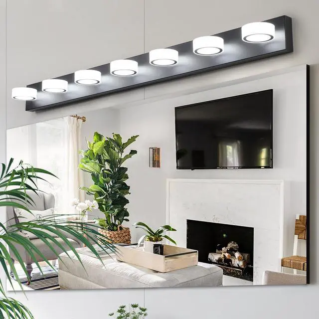 Alt view image 2 of 7 - 52" Modern 7-Light Led Vanity Light Fixture - Black Iron Finish with Acrylic Shades - Energy-Efficient Bathroom Wall Sconce - Dimmable for Mirror, Shower, and Bathroom Decor