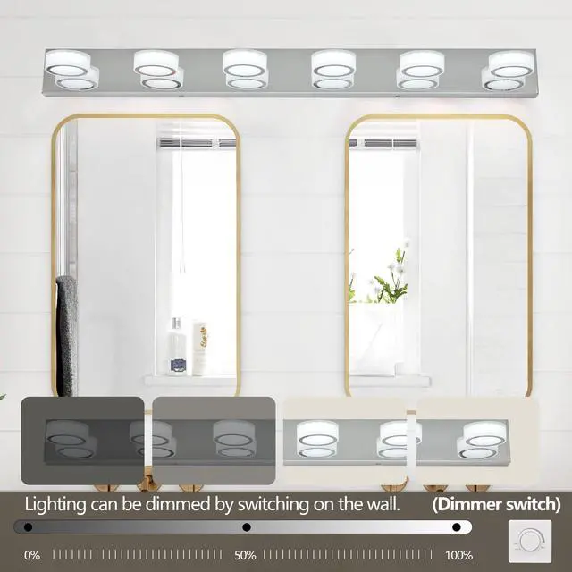 Alt view image 4 of 7 - 45" Modern 6-Light Led Vanity Light, Sleek Chrome Bathroom Wall Light Fixture for Mirror, Shower, and Bathroom Decor