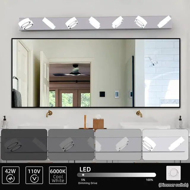 Alt view image 4 of 7 - 52" Modern 7-Light Led Vanity Light Fixture - Chrome Finish with Acrylic Light Shades - Energy-Efficient Bathroom Wall Sconce - Dimmable for Mirror, Shower, and Bathroom Decor