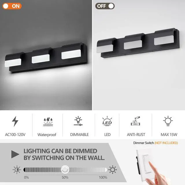 Alt view image 6 of 7 - Led Contemporary Vanity Lights Fixture Bathroom Wall Light Over Mirror Matt Black 3 Lights Dimmable