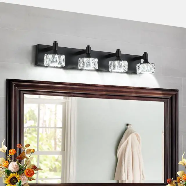Alt view image 2 of 7 - Modern 4-Light Matte Black Led Vanity Light Fixture with Crystal Glass Shades, Bathroom Wall Sconce for Elegant and Contemporary Home Decor