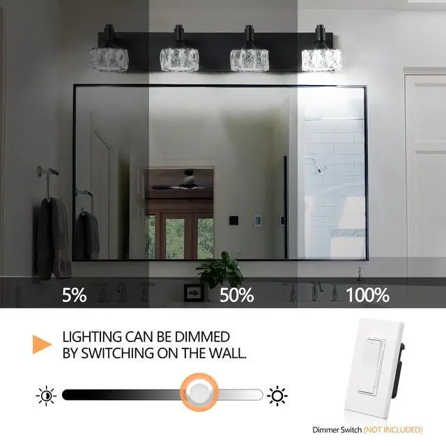Alt view image 4 of 7 - Modern 4-Light Matte Black Led Vanity Light Fixture with Crystal Glass Shades, Bathroom Wall Sconce for Elegant and Contemporary Home Decor
