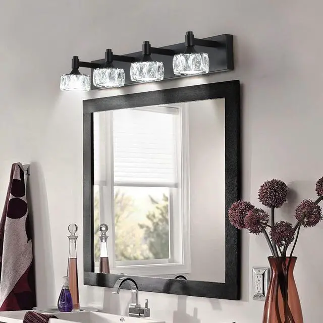 Alt view image 3 of 7 - Modern 4-Light Matte Black Led Vanity Light Fixture with Crystal Glass Shades, Bathroom Wall Sconce for Elegant and Contemporary Home Decor