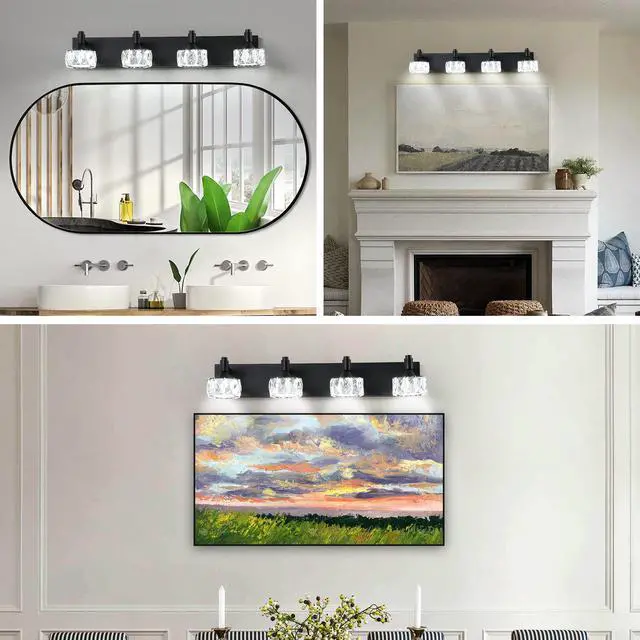 Alt view image 5 of 7 - Modern 4-Light Matte Black Led Vanity Light Fixture with Crystal Glass Shades, Bathroom Wall Sconce for Elegant and Contemporary Home Decor