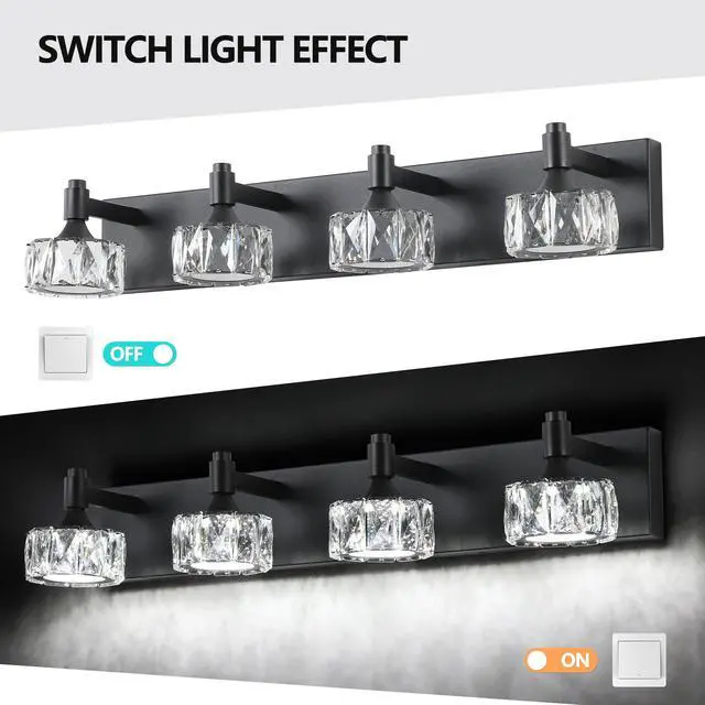 Alt view image 7 of 7 - Modern 4-Light Matte Black Led Vanity Light Fixture with Crystal Glass Shades, Bathroom Wall Sconce for Elegant and Contemporary Home Decor