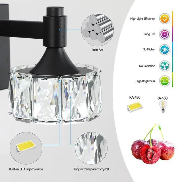 Alt view image 6 of 7 - Modern 4-Light Matte Black Led Vanity Light Fixture with Crystal Glass Shades, Bathroom Wall Sconce for Elegant and Contemporary Home Decor