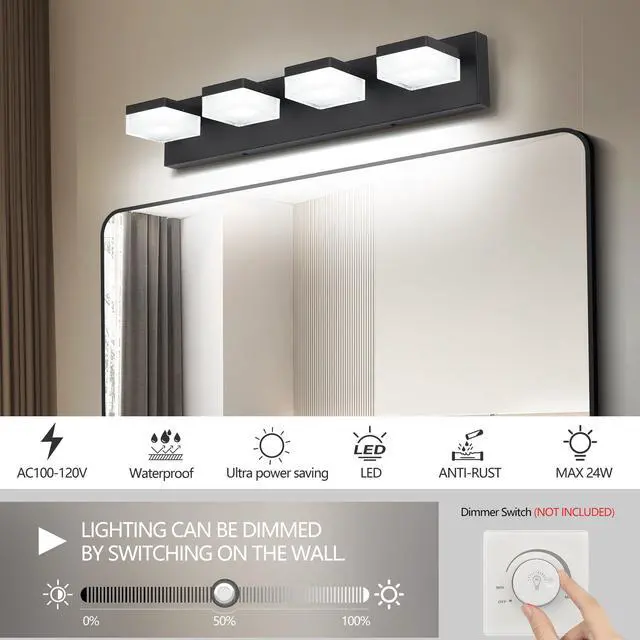 Alt view image 5 of 7 - Black Bathroom Light Fixtures 4 Lights Bathroom Vanity Light Led Dimmable Matt Black Vanity Lights 24W Cool White 6000K