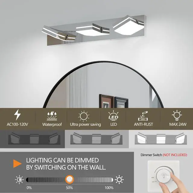 Alt view image 6 of 7 - Modern Chrome Led Vanity Light, 3-Lights Wall Sconce for Bathroom and Mirror, Sleek Minimalist Design, Energy-Efficient, Easy to install