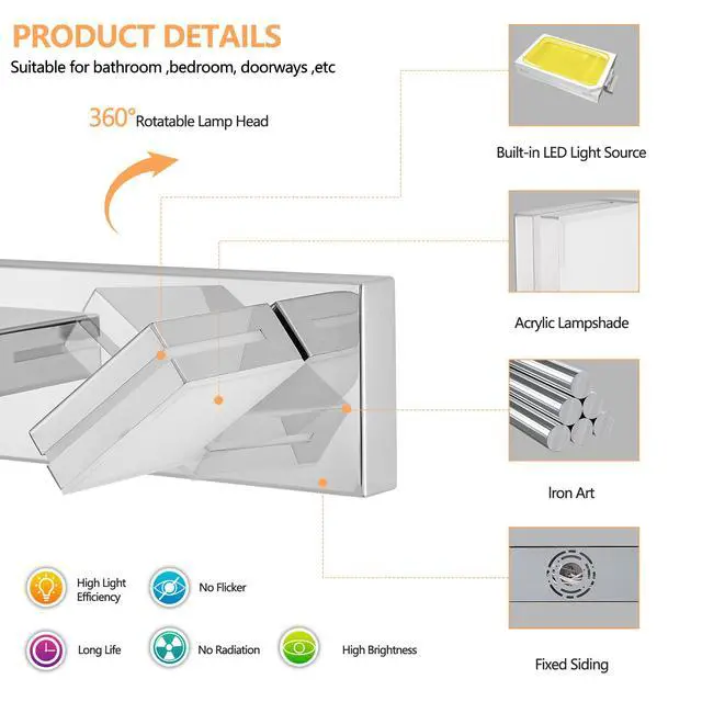 Alt view image 6 of 7 - Modern Chrome Led Vanity Light, 8-Lights Wall Sconce for Bathroom and Mirror, Sleek Minimalist Design, Energy-Efficient, Easy to install