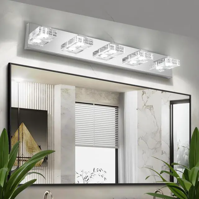 Main image of 31" Modern Chrome 5-Light Led Vanity Light, Square Acrylic Lampshades Wall Mount Fixture for Bathroom, Mirror Lighting