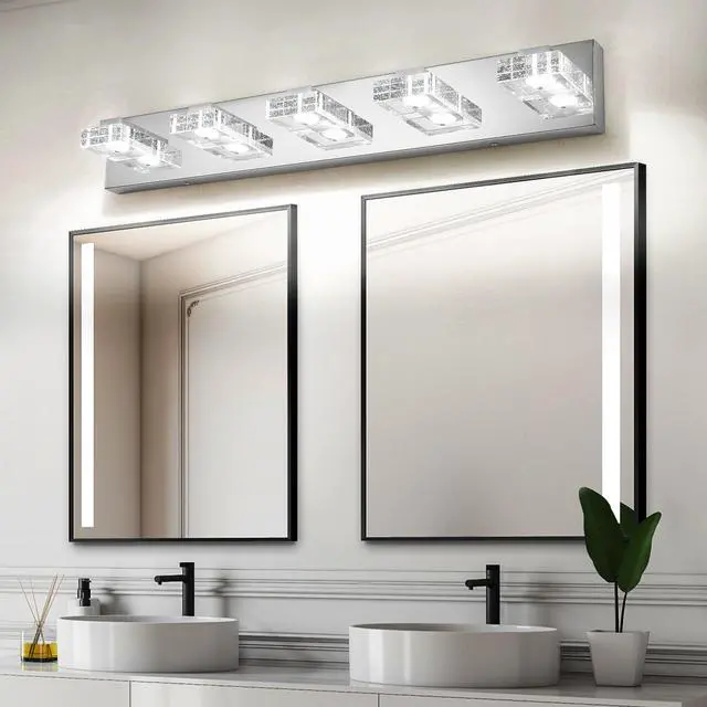 Alt view image 3 of 7 - 31" Modern Chrome 5-Light Led Vanity Light, Square Acrylic Lampshades Wall Mount Fixture for Bathroom, Mirror Lighting