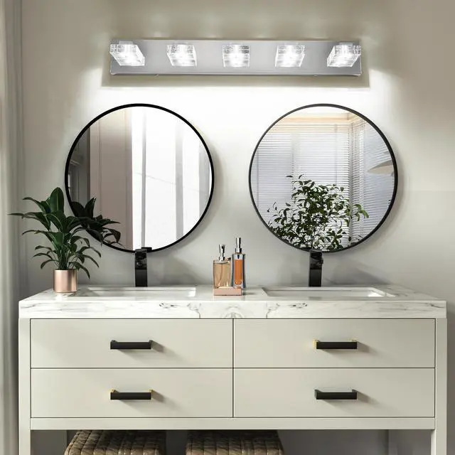 Alt view image 4 of 7 - 31" Modern Chrome 5-Light Led Vanity Light, Square Acrylic Lampshades Wall Mount Fixture for Bathroom, Mirror Lighting