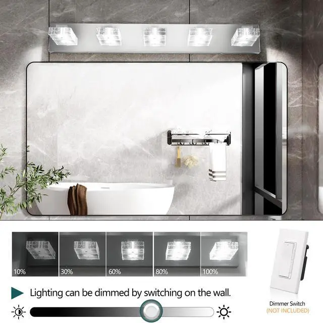 Alt view image 5 of 7 - 31" Modern Chrome 5-Light Led Vanity Light, Square Acrylic Lampshades Wall Mount Fixture for Bathroom, Mirror Lighting