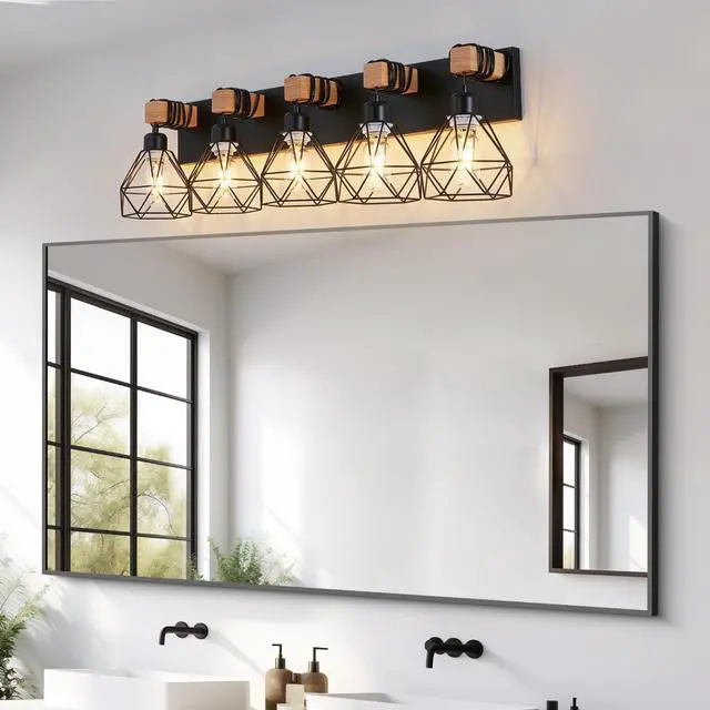 Alt view image 2 of 7 - 31" Modern Geometric 5-Light Vanity Light Fixture with Black Metal, Wooden Accents and Cage Lampshade for Bathroom, Bedroom, Or Living Room (Bulb Not included)