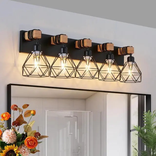 Alt view image 4 of 7 - 31" Modern Geometric 5-Light Vanity Light Fixture with Black Metal, Wooden Accents and Cage Lampshade for Bathroom, Bedroom, Or Living Room (Bulb Not included)