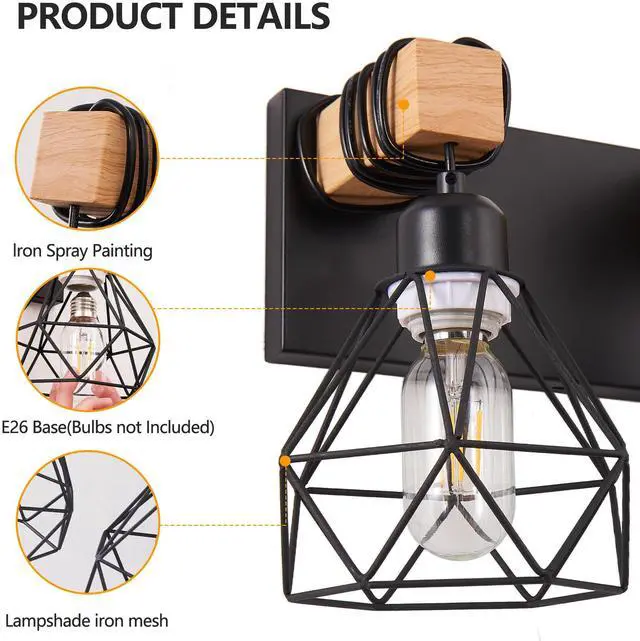 Alt view image 7 of 7 - 31" Modern Geometric 5-Light Vanity Light Fixture with Black Metal, Wooden Accents and Cage Lampshade for Bathroom, Bedroom, Or Living Room (Bulb Not included)
