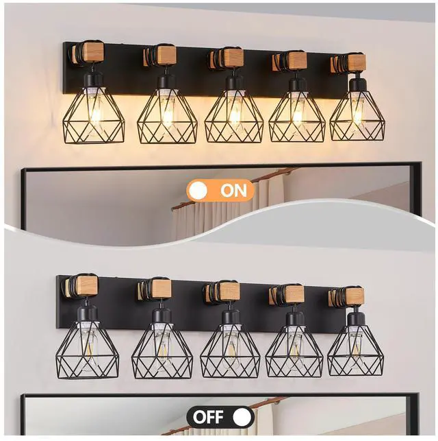 Alt view image 6 of 7 - 31" Modern Geometric 5-Light Vanity Light Fixture with Black Metal, Wooden Accents and Cage Lampshade for Bathroom, Bedroom, Or Living Room (Bulb Not included)