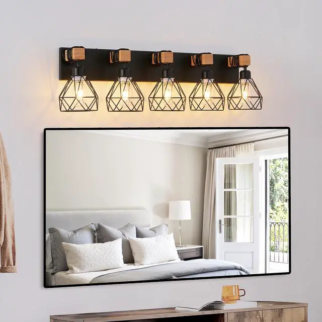 Alt view image 5 of 7 - 31" Modern Geometric 5-Light Vanity Light Fixture with Black Metal, Wooden Accents and Cage Lampshade for Bathroom, Bedroom, Or Living Room (Bulb Not included)