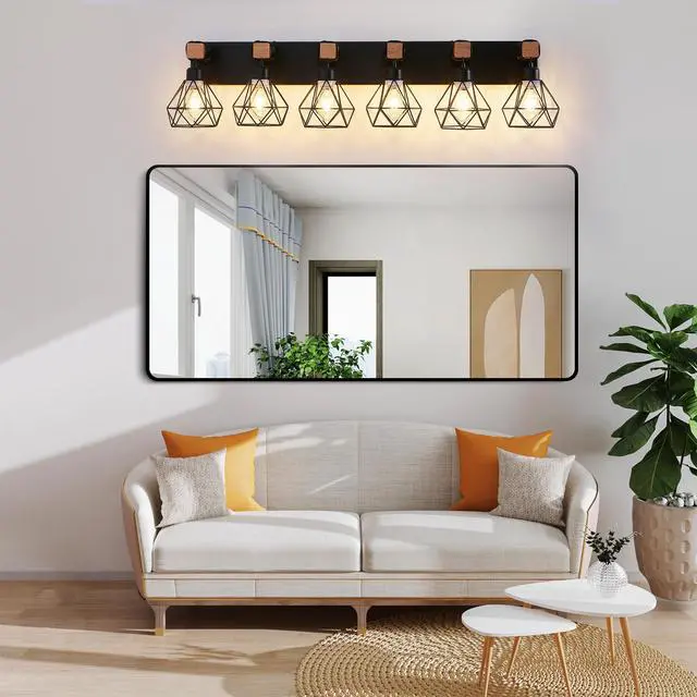 Alt view image 3 of 7 - 38" Modern Geometric 6-Light Vanity Light Fixture with Black Metal, Wooden Accents and Cage Lampshade for Bathroom, Bedroom, Or Living Room (Bulb Not included)