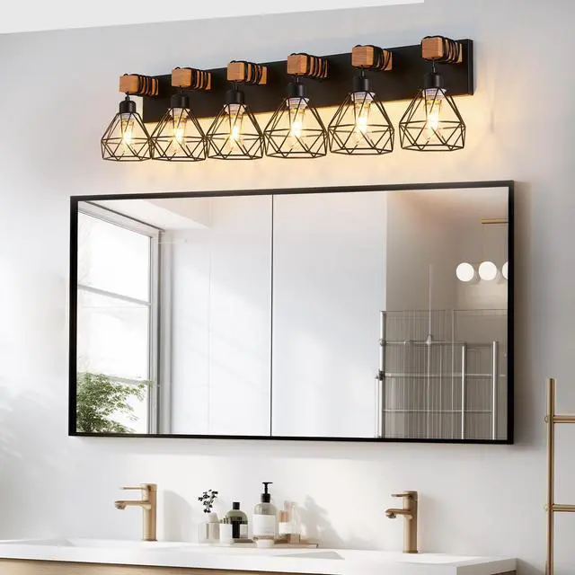 Alt view image 2 of 7 - 38" Modern Geometric 6-Light Vanity Light Fixture with Black Metal, Wooden Accents and Cage Lampshade for Bathroom, Bedroom, Or Living Room (Bulb Not included)