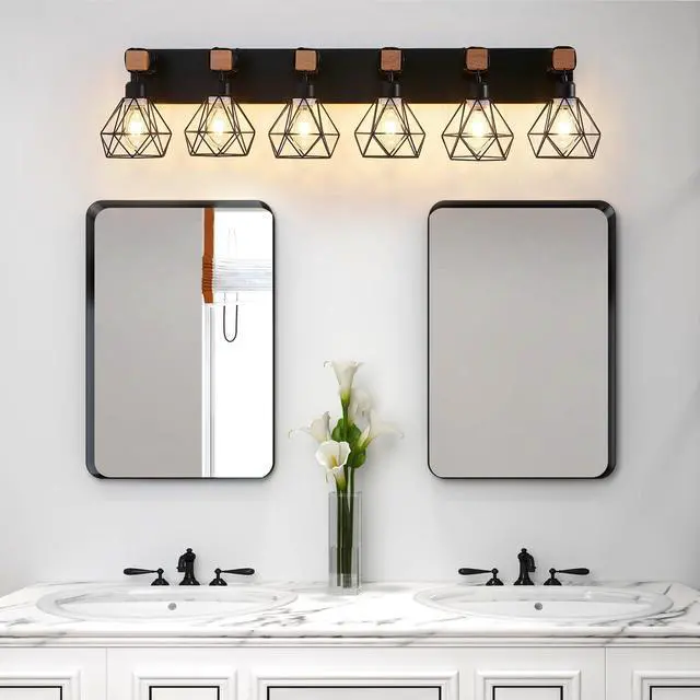 Main image of 38" Modern Geometric 6-Light Vanity Light Fixture with Black Metal, Wooden Accents and Cage Lampshade for Bathroom, Bedroom, Or Living Room (Bulb Not included)
