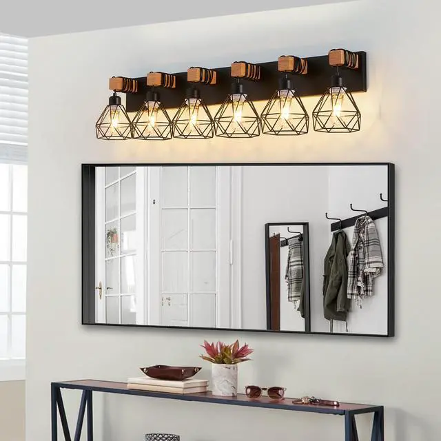 Alt view image 5 of 7 - 38" Modern Geometric 6-Light Vanity Light Fixture with Black Metal, Wooden Accents and Cage Lampshade for Bathroom, Bedroom, Or Living Room (Bulb Not included)