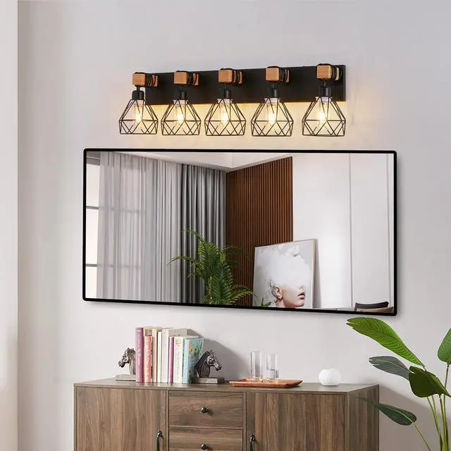 Alt view image 3 of 7 - 31" Modern Geometric 5-Light Vanity Light Fixture with Black Metal, Wooden Accents and Cage Lampshade for Bathroom, Bedroom, Or Living Room (Bulb Not included)