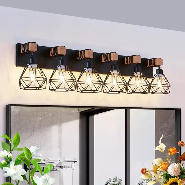 Alt view image 4 of 7 - 38" Modern Geometric 6-Light Vanity Light Fixture with Black Metal, Wooden Accents and Cage Lampshade for Bathroom, Bedroom, Or Living Room (Bulb Not included)