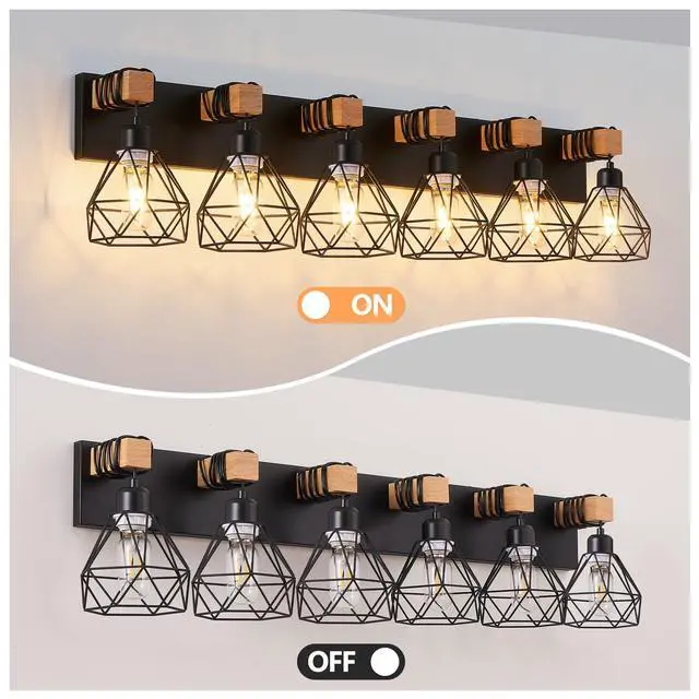 Alt view image 6 of 7 - 38" Modern Geometric 6-Light Vanity Light Fixture with Black Metal, Wooden Accents and Cage Lampshade for Bathroom, Bedroom, Or Living Room (Bulb Not included)