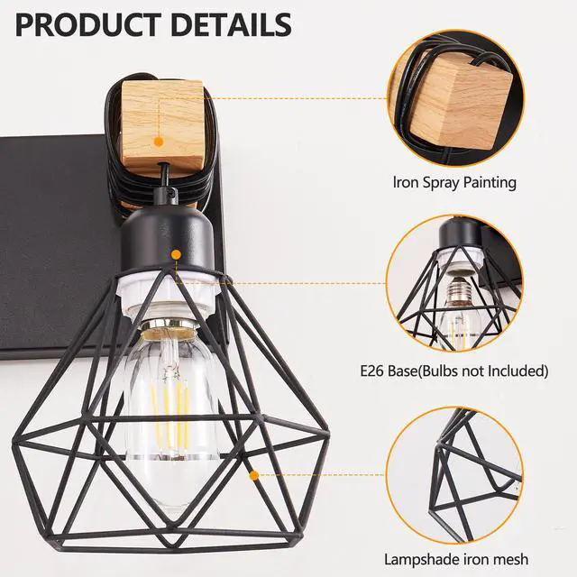 Alt view image 7 of 7 - 38" Modern Geometric 6-Light Vanity Light Fixture with Black Metal, Wooden Accents and Cage Lampshade for Bathroom, Bedroom, Or Living Room (Bulb Not included)