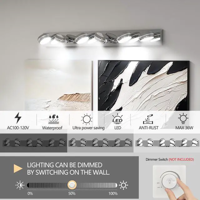 Alt view image 4 of 7 - Led Vanity Lights 43in Bathroom Lights Fixtures Over Mirror 6 Light Led Lighting Fixture for Bathroom 18W Mirror Lighting Fixture Modern Bath Light Bar Chrome Bath