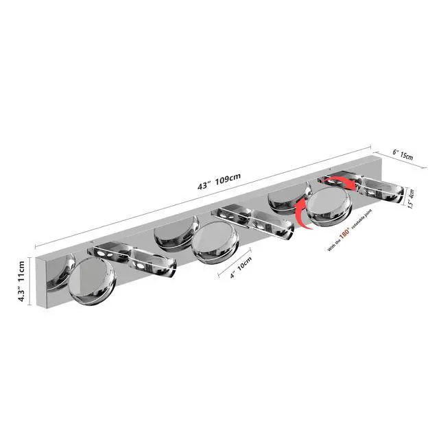 Alt view image 7 of 7 - Led Vanity Lights 43in Bathroom Lights Fixtures Over Mirror 6 Light Led Lighting Fixture for Bathroom 18W Mirror Lighting Fixture Modern Bath Light Bar Chrome Bath