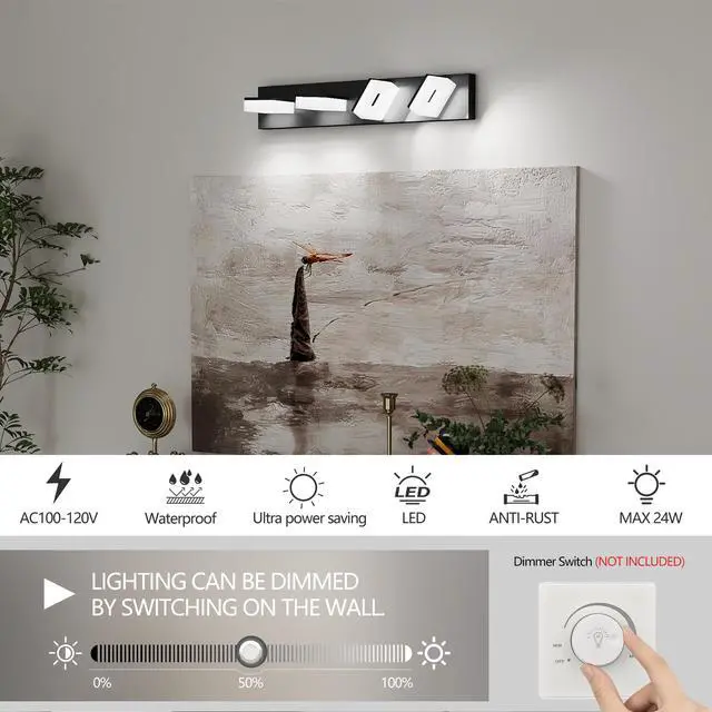 Alt view image 4 of 7 - Led Modern Bathroom Vanity Light Fixtures (4-Light, 25-inch), Matte Black Modern Acrylic Bathroom Wall Lighting Fixtures Over Mirror (Cool White 6000K)